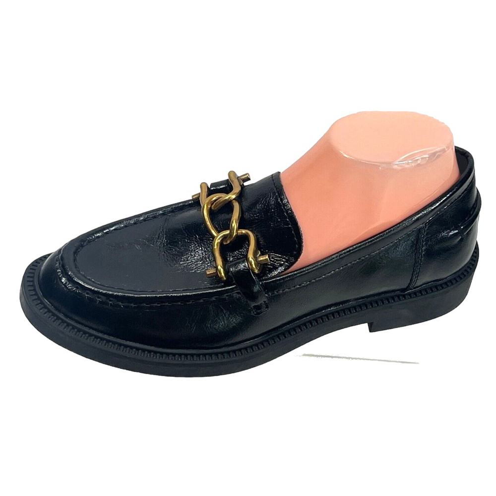 Steve Madden Womens Black Leather Loafer Shoes Gold‎ Chain Size 9.5M Office